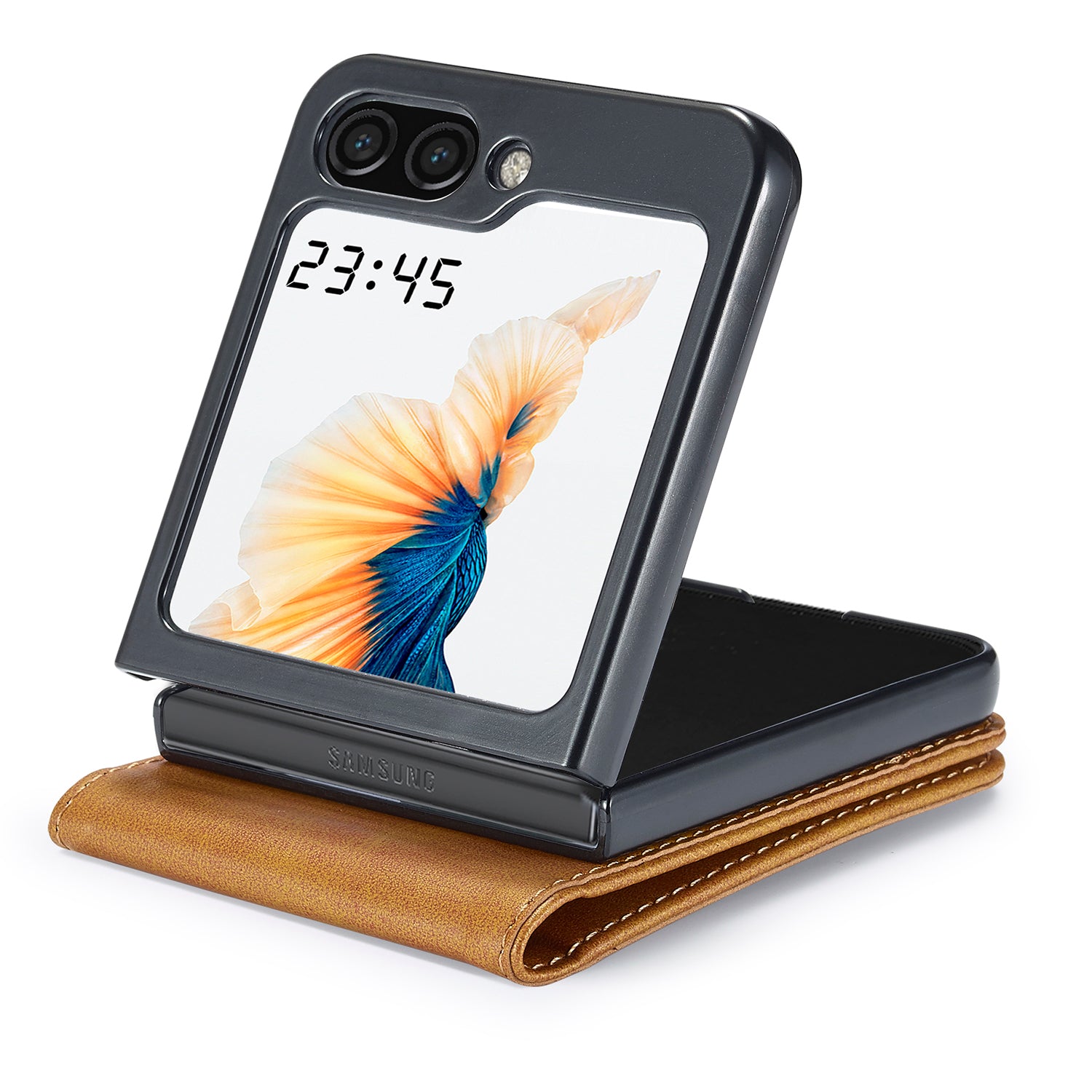 Uniqkart For Samsung Galaxy Z Flip5 5G PU Leather Phone Case Card Holder Calf Texture Stand Cover - Yellow Uniqkart For Samsung Galaxy Z Flip5 5G PU Leather Phone Case Card Holder Calf Texture Stand Cover - Yellow